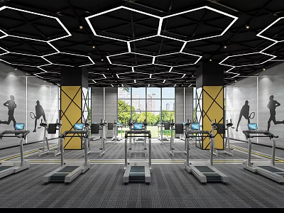 Modern Fitness Gym Interior With Treadmills Geometric Lighting Yellow Pillars And Wall Silhouettes 3d model
