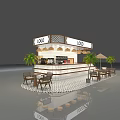 Modern Milk Tea Shop With Logo Counter Outdoor Seating Palm Trees And Patterned Tile Floor