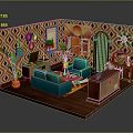 Vibrant Living Room Interior With Blue Sofas Green Plants Geometric Pattern Walls And Coffee Table