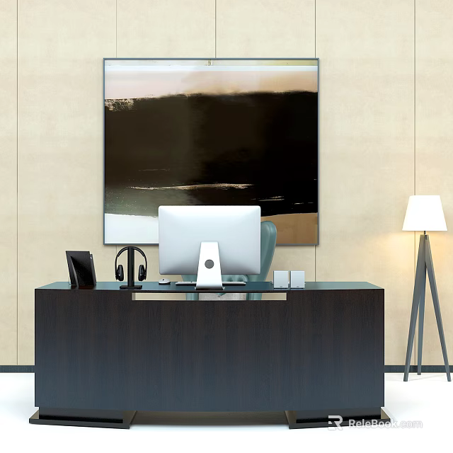 Modern Office Desk With Computer Monitor Headphones Phone And White Box Near Abstract Painting 3d model 