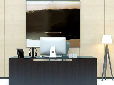 Modern Office Desk With Computer Monitor Headphones Phone And White Box Near Abstract Painting 3d model