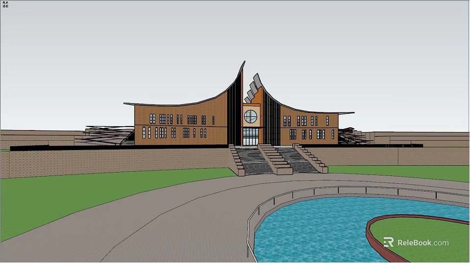 Modern Museum Building Exterior With Unique Roof Steps Entrance And Water Pool 3d model 
