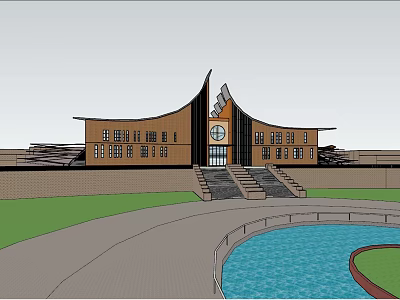 Modern Museum Building Exterior With Unique Roof Steps Entrance And Water Pool 3d model