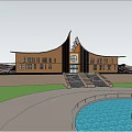 Modern Museum Building Exterior With Unique Roof Steps Entrance And Water Pool