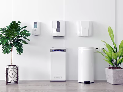 Modern Household Daily Use Appliances With White Wall Mounted Dispensers Trash Bins And Green Plants 3d model