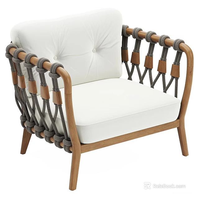 Modern Leisure Chair With White Cushion And Wooden Rope Knot Armrests 3d model 