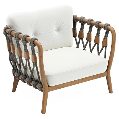 Modern Leisure Chair With White Cushion And Wooden Rope Knot Armrests 3d model
