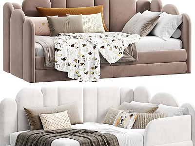 Light Brown And White Kids Bed With Multiple Pillows And Animal Print Blankets 3d model