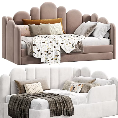 Light Brown And White Kids Bed With Multiple Pillows And Animal Print Blankets 3d model