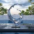 Silver Flowing Sculpture with Fluid Form in Outdoor Pool Area and Natural Tree Sky Background