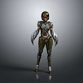 Futuristic Biological Warrior Character In Mechanical Armor With Glowing Red Blue Details