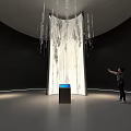 White Textured Vertical Art Installation With Hanging Crystals And Interactive Blue Screen 3d model