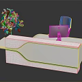 Modern White Reception Desk Furniture With Green Plant Computer Monitor And Brown Chair