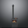 Metal Stove With Tall Chimney Transparent Door Burning Flames And Orange Jar On Small Platform