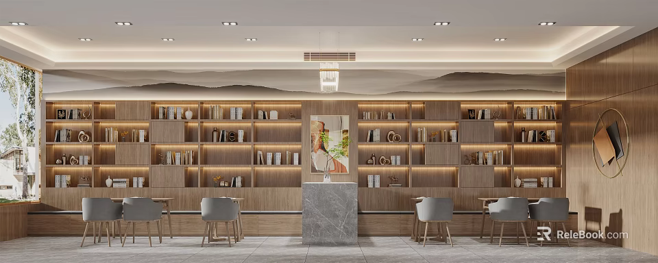 Cozy Modern Lounge Area With Wooden Bookshelves Books Decorations Marble Counter Gray Chairs And Chandelier 3d model 
