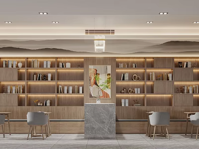 Cozy Modern Lounge Area With Wooden Bookshelves Books Decorations Marble Counter Gray Chairs And Chandelier 3d model