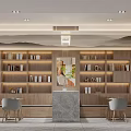 Cozy Modern Lounge Area With Wooden Bookshelves Books Decorations Marble Counter Gray Chairs And Chandelier
