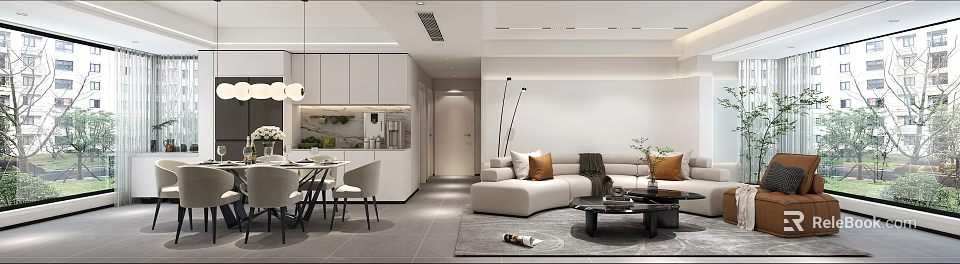 Modern Living And Dining Room Interior With Light Colored Sofa Dining Table And White Cabinets 3d model