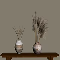 Textured Decorative Vases With Dried Plants On Wooden Table Beige Wall
