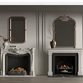 Decorative Fireplaces With Mirrors Vases Dried Branches Wood Logs And Burning Fire