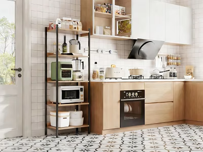 Modern Kitchen Interior With White Tile Walls Wooden Cabinets And Black Appliances 3d model