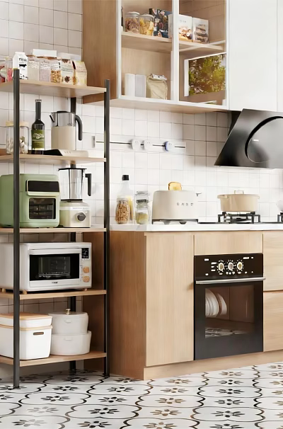 Modern Kitchen Interior With White Tile Walls Wooden Cabinets And Black Appliances 3d model