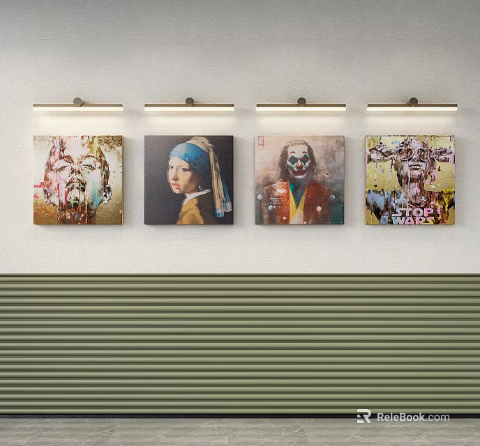 Four Diverse Portrait Paintings Display On White Wall With Striped Base And Lighting 3d model 