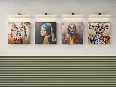 Four Diverse Portrait Paintings Display On White Wall With Striped Base And Lighting 3d model