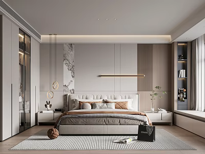Modern Bedroom Interior With Upholstered Bed Wooden Accents Pendant Lights And Strip Light 3d model