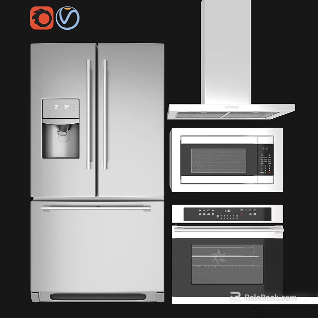 Modern Kitchen Appliances With Refrigerator Microwave Oven And Range Hood 3d model 