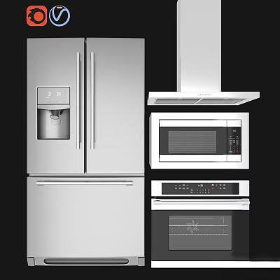 Modern Kitchen Appliances With Refrigerator Microwave Oven And Range Hood 3d model