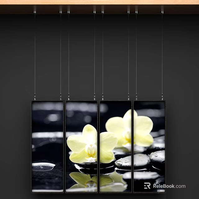Elegant Botanical Paintings with Yellow Orchids Black Stones and Water Surface Reflections 3d model 
