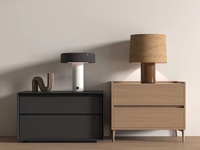 Modern Dark Painted and Light Wooden Bedside Tables With Lamps and Decorative Ornament 3d model