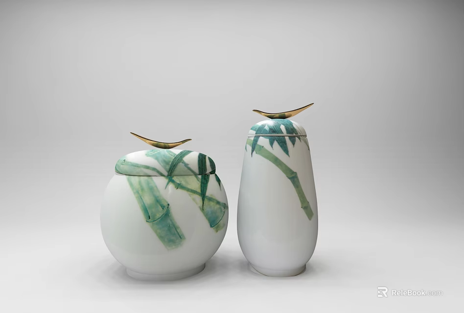 White Ceramic Decorative Ornament Set With Green Bamboo Leaves And Gold Accents 3d model 