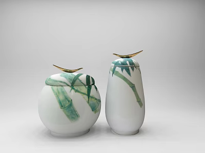 White Ceramic Decorative Ornament Set With Green Bamboo Leaves And Gold Accents 3d model