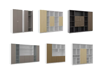 Modern Bookcase Collection With Different Designs Gray White Wooden Colors Cabinet Doors And Open Shelves 3d model