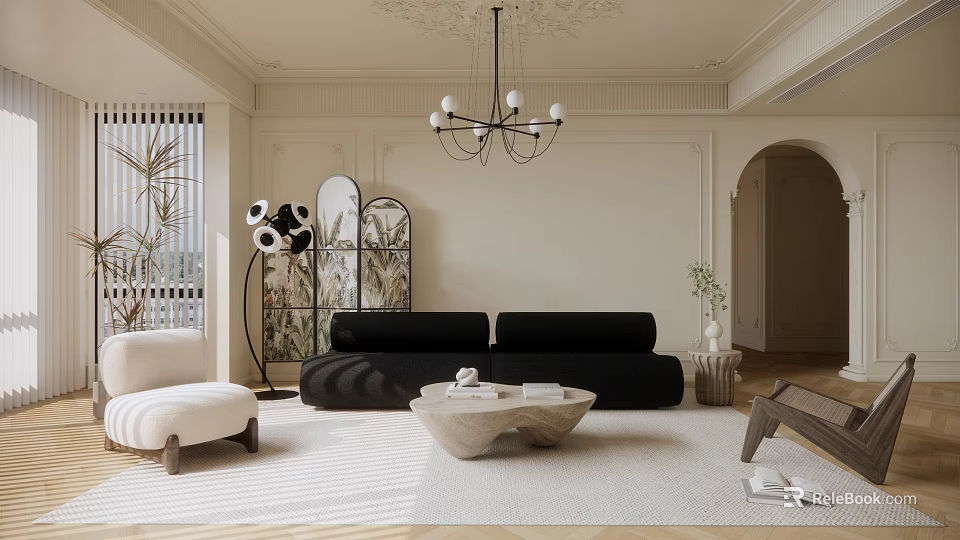 Modern Living Room Interior With Black Sofa Beige Rug Coffee Table And Decorative Mirror 3d model 