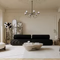 Modern Living Room Interior With Black Sofa Beige Rug Coffee Table And Decorative Mirror