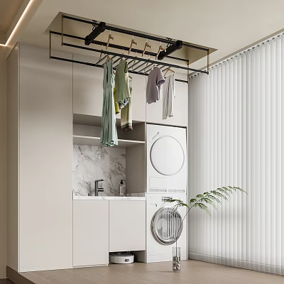 Modern Laundry Room Design With Washer Dryer Hanging Clothes And Cabinets 3d model
