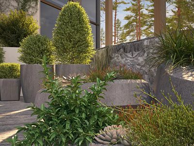 Lush Green Shrub Plants In Modern Outdoor Garden With Stone Walls And Concrete Planters 3d model