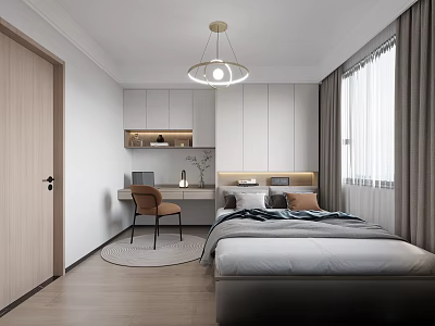 Modern Tatami Bedroom With Desk Chair Window Curtains Storage Cabinets And Pendant Light 3d model