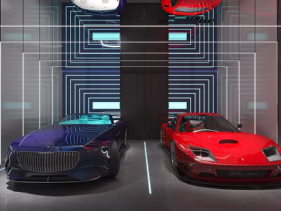 Modern Indoor Parking Garage with Luxury Cars and Futuristic Lighting Design 3d model