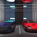Modern Indoor Parking Garage with Luxury Cars and Futuristic Lighting Design