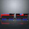 Red And Black Model Train Display On Smooth Black Surface With Blue Wheels And Reflective Effect