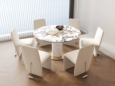 Elegant Modern Round Dining Table Set With Marble Top And White Chairs In Room 3d model