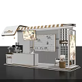 Modern Coffee Booth Interior Design With Counter Coffee Machine Display Shelf Chair And Plant