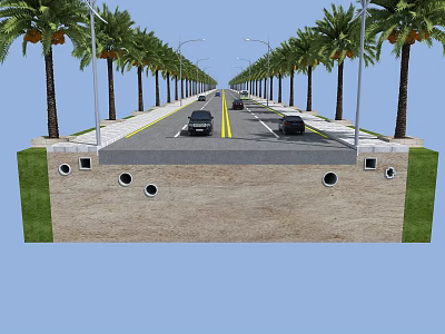 Urban Road Lined With Palm Trees Cars Driving Drainage Holes And Grass On Sides 3d model