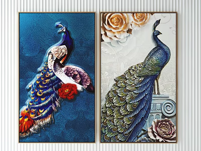 Elegant Peacock Animal Paintings With Vibrant Feathers Floral Elements And Column Decor 3d model
