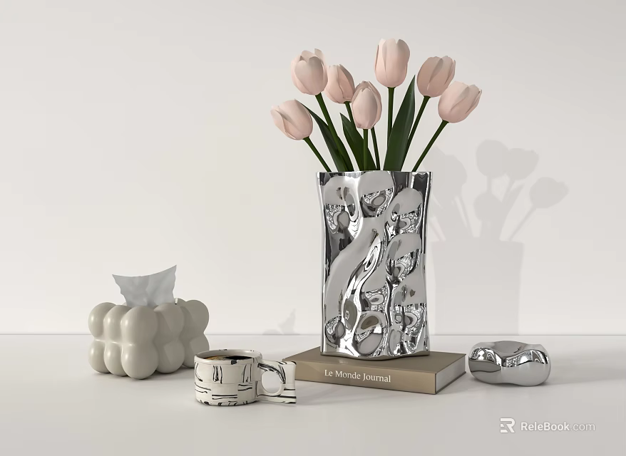 Silver Textured Vase With Pink Tulips On Modern Home Tabletop Floral Arrangement 3d model 