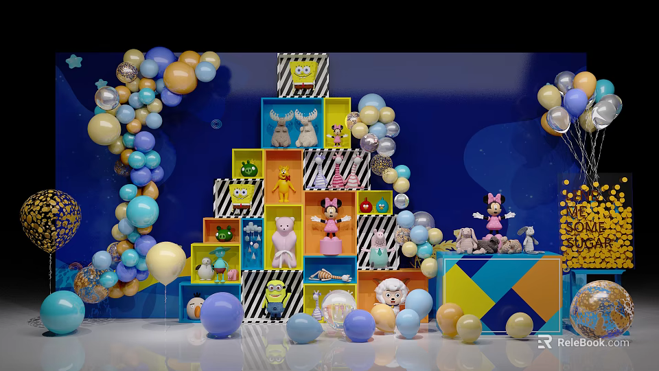 Vibrant Multi Layered Display Shelves With Cartoon Toys Colorful Balloons And Blue Background 3d model 